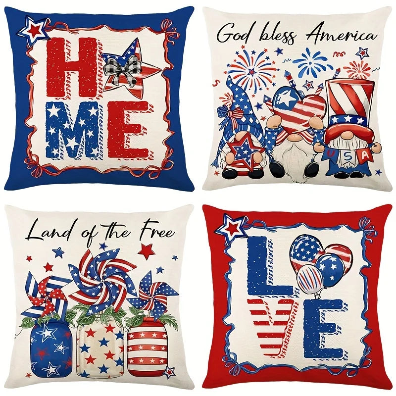 Independence Day Pillow Covers 4th of July Patriotic Flag Throw Cushion Cover Gnome Truck Vase Print Sofa Couch Home Decorations