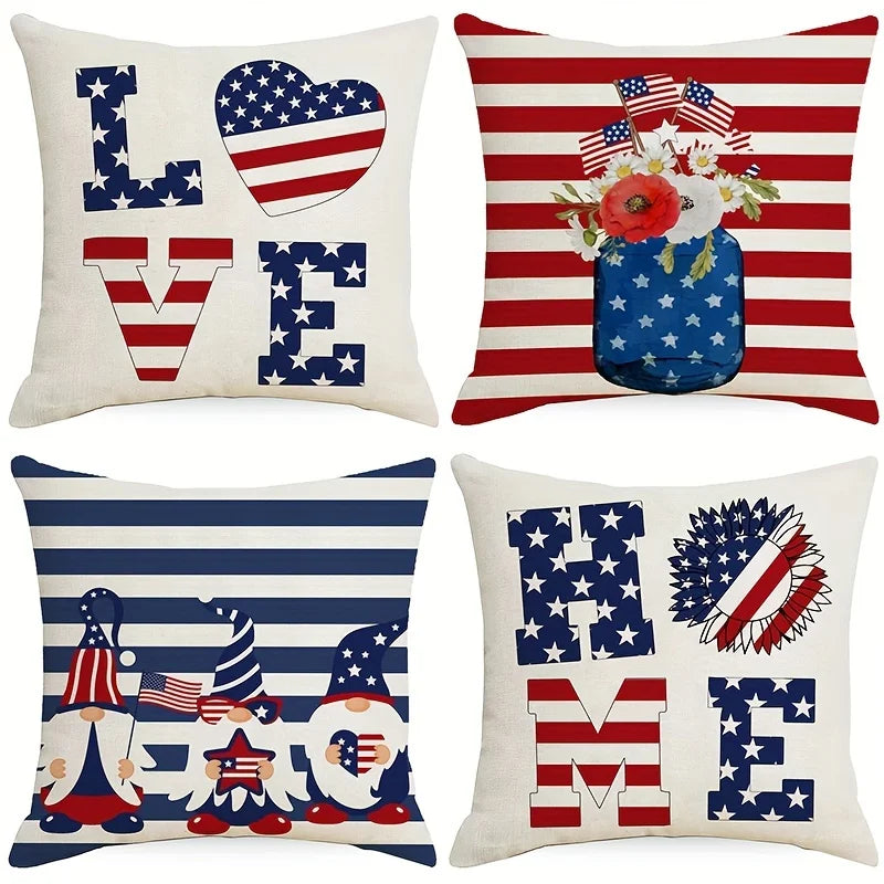 Independence Day Pillow Covers 4th of July Patriotic Flag Throw Cushion Cover Gnome Truck Vase Print Sofa Couch Home Decorations